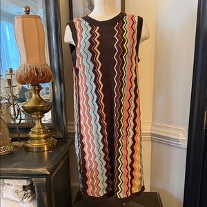 Missoni Sleeveless Zigzag Knit Dress in Brown with Multicolor Stripes